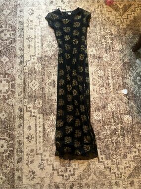 NAF NAF Black Maxi dress with Gold Floral Print whimsy goth 90s paper tag